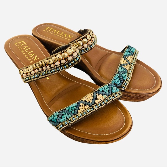 Italian Shoemakers Sandals 9 Beaded Faux Wood Boho Slides - Picture 2 of 7